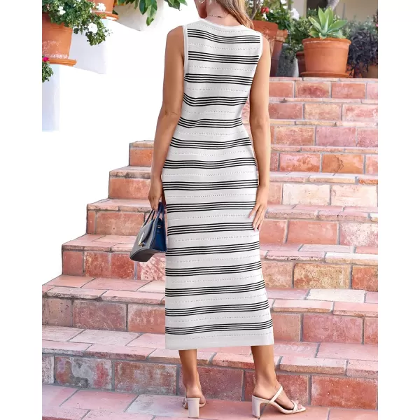 BTFBM Womens Sleeveless Summer Dresses 2024 Crew Neck Casual Sundress Hollow Out Side Slit Bodycon Knit Long Tank DressStriped White