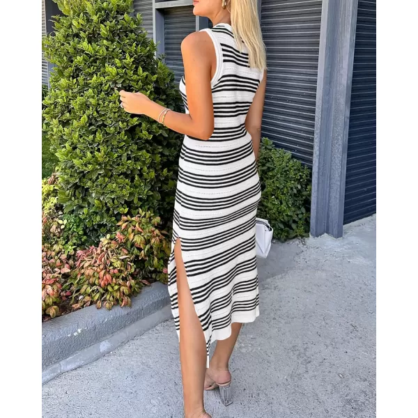BTFBM Womens Sleeveless Summer Dresses 2024 Crew Neck Casual Sundress Hollow Out Side Slit Bodycon Knit Long Tank DressStriped White