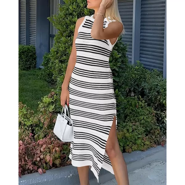 BTFBM Womens Sleeveless Summer Dresses 2024 Crew Neck Casual Sundress Hollow Out Side Slit Bodycon Knit Long Tank DressStriped White