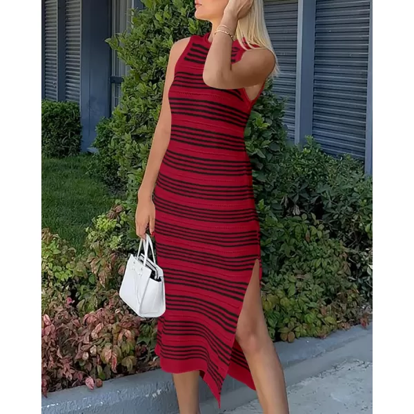 BTFBM Womens Sleeveless Summer Dresses 2024 Crew Neck Casual Sundress Hollow Out Side Slit Bodycon Knit Long Tank DressStriped Wine Red