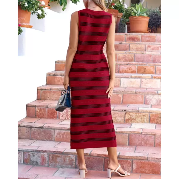 BTFBM Womens Sleeveless Summer Dresses 2024 Crew Neck Casual Sundress Hollow Out Side Slit Bodycon Knit Long Tank DressStriped Wine Red