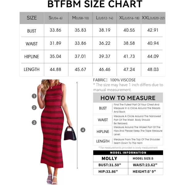 BTFBM Womens Sleeveless Summer Dresses 2024 Crew Neck Casual Sundress Hollow Out Side Slit Bodycon Knit Long Tank DressStriped Wine Red