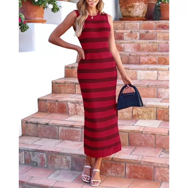 BTFBM Womens Sleeveless Summer Dresses 2024 Crew Neck Casual Sundress Hollow Out Side Slit Bodycon Knit Long Tank DressStriped Wine Red