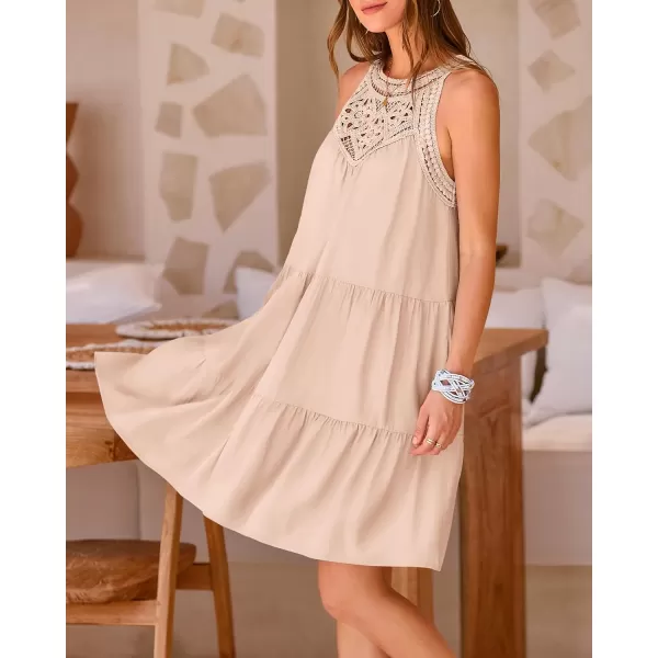 BTFBM Womens Summer Hollow Out Halter Dresses Casual Sleeveless ALine Tiered Swing Sundress Beach Vacation Mini DressSolid Apricot