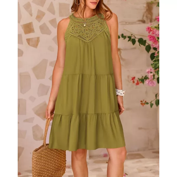 BTFBM Womens Summer Hollow Out Halter Dresses Casual Sleeveless ALine Tiered Swing Sundress Beach Vacation Mini DressSolid Army Green
