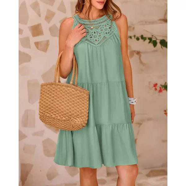 BTFBM Womens Summer Hollow Out Halter Dresses Casual Sleeveless ALine Tiered Swing Sundress Beach Vacation Mini DressSolid Bean Green
