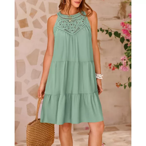 BTFBM Womens Summer Hollow Out Halter Dresses Casual Sleeveless ALine Tiered Swing Sundress Beach Vacation Mini DressSolid Bean Green