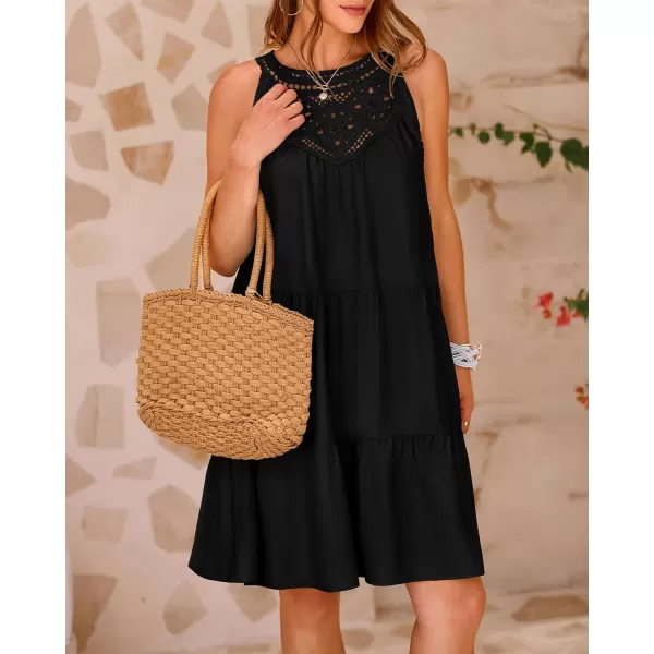 BTFBM Womens Summer Hollow Out Halter Dresses Casual Sleeveless ALine Tiered Swing Sundress Beach Vacation Mini DressSolid Black