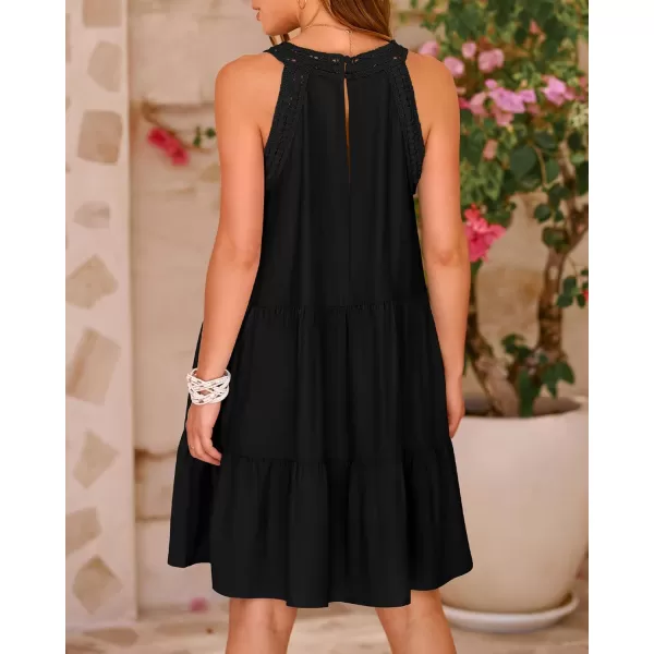 BTFBM Womens Summer Hollow Out Halter Dresses Casual Sleeveless ALine Tiered Swing Sundress Beach Vacation Mini DressSolid Black