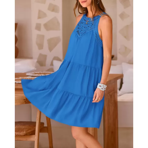 BTFBM Womens Summer Hollow Out Halter Dresses Casual Sleeveless ALine Tiered Swing Sundress Beach Vacation Mini DressSolid Blue