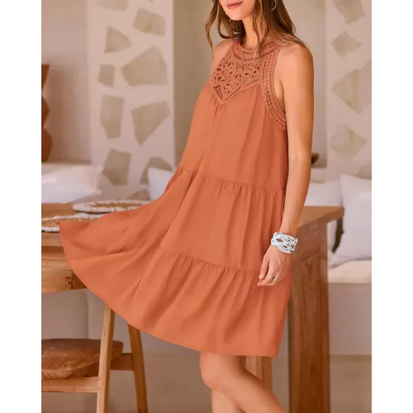 BTFBM Womens Summer Hollow Out Halter Dresses Casual Sleeveless ALine Tiered Swing Sundress Beach Vacation Mini DressSolid Brown Orange