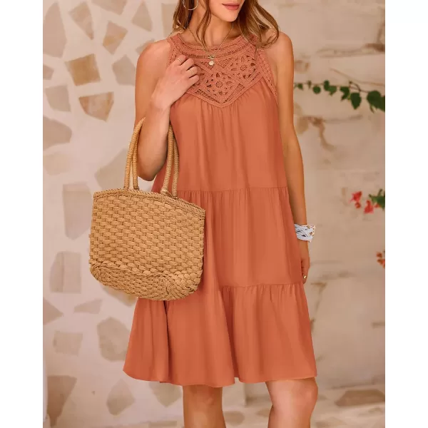 BTFBM Womens Summer Hollow Out Halter Dresses Casual Sleeveless ALine Tiered Swing Sundress Beach Vacation Mini DressSolid Brown Orange