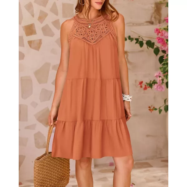 BTFBM Womens Summer Hollow Out Halter Dresses Casual Sleeveless ALine Tiered Swing Sundress Beach Vacation Mini DressSolid Brown Orange