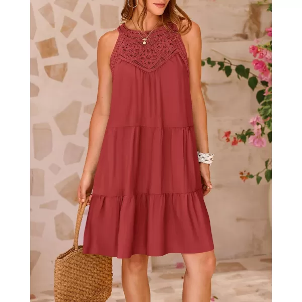 BTFBM Womens Summer Hollow Out Halter Dresses Casual Sleeveless ALine Tiered Swing Sundress Beach Vacation Mini DressSolid Brown Red
