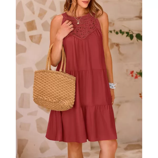BTFBM Womens Summer Hollow Out Halter Dresses Casual Sleeveless ALine Tiered Swing Sundress Beach Vacation Mini DressSolid Brown Red
