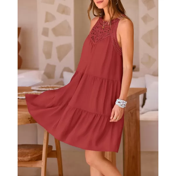 BTFBM Womens Summer Hollow Out Halter Dresses Casual Sleeveless ALine Tiered Swing Sundress Beach Vacation Mini DressSolid Brown Red