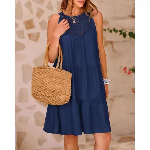 BTFBM Womens Summer Hollow Out Halter Dresses Casual Sleeveless ALine Tiered Swing Sundress Beach Vacation Mini DressSolid Dark Blue