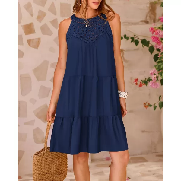 BTFBM Womens Summer Hollow Out Halter Dresses Casual Sleeveless ALine Tiered Swing Sundress Beach Vacation Mini DressSolid Dark Blue