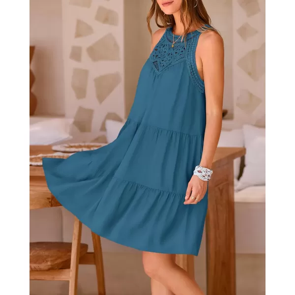 BTFBM Womens Summer Hollow Out Halter Dresses Casual Sleeveless ALine Tiered Swing Sundress Beach Vacation Mini DressSolid Lake Blue