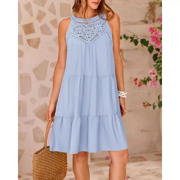BTFBM Womens Summer Hollow Out Halter Dresses Casual Sleeveless ALine Tiered Swing Sundress Beach Vacation Mini DressSolid Light Blue