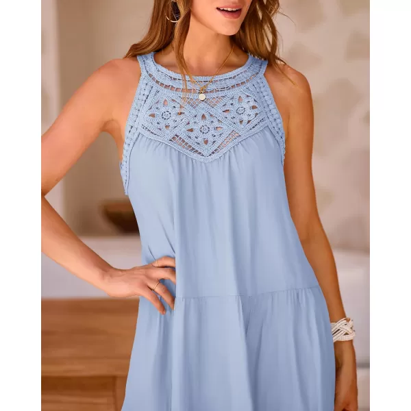 BTFBM Womens Summer Hollow Out Halter Dresses Casual Sleeveless ALine Tiered Swing Sundress Beach Vacation Mini DressSolid Light Blue