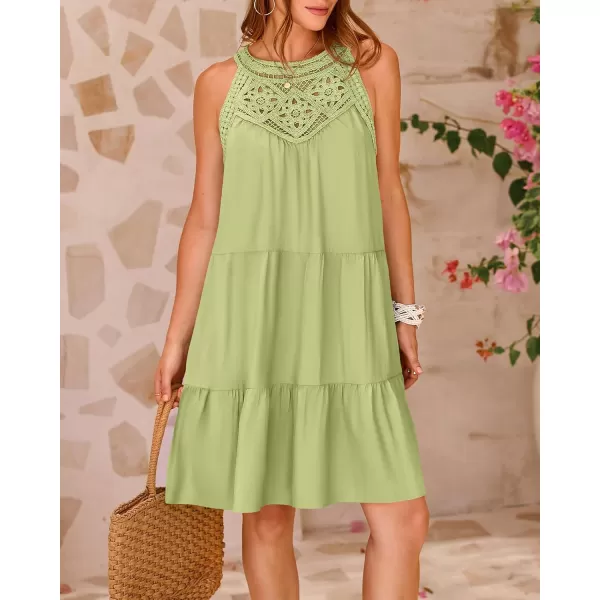 BTFBM Womens Summer Hollow Out Halter Dresses Casual Sleeveless ALine Tiered Swing Sundress Beach Vacation Mini DressSolid Light Green