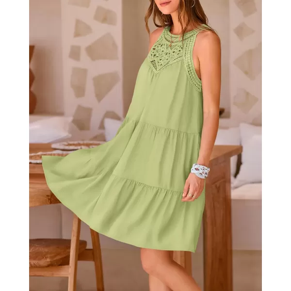 BTFBM Womens Summer Hollow Out Halter Dresses Casual Sleeveless ALine Tiered Swing Sundress Beach Vacation Mini DressSolid Light Green