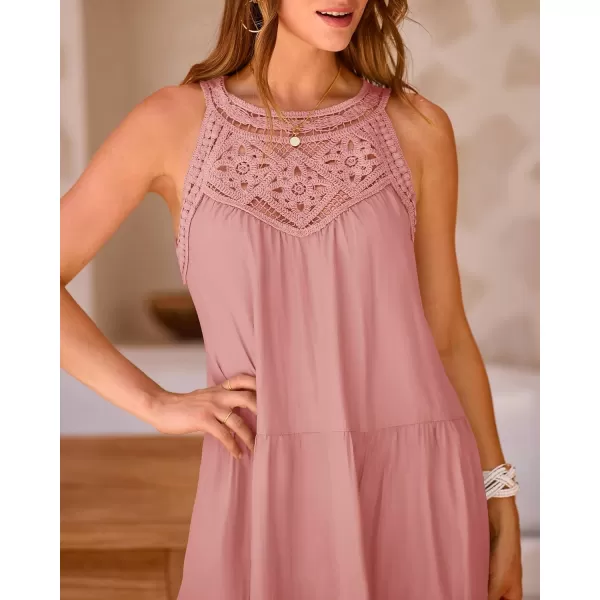 BTFBM Womens Summer Hollow Out Halter Dresses Casual Sleeveless ALine Tiered Swing Sundress Beach Vacation Mini DressSolid Pink
