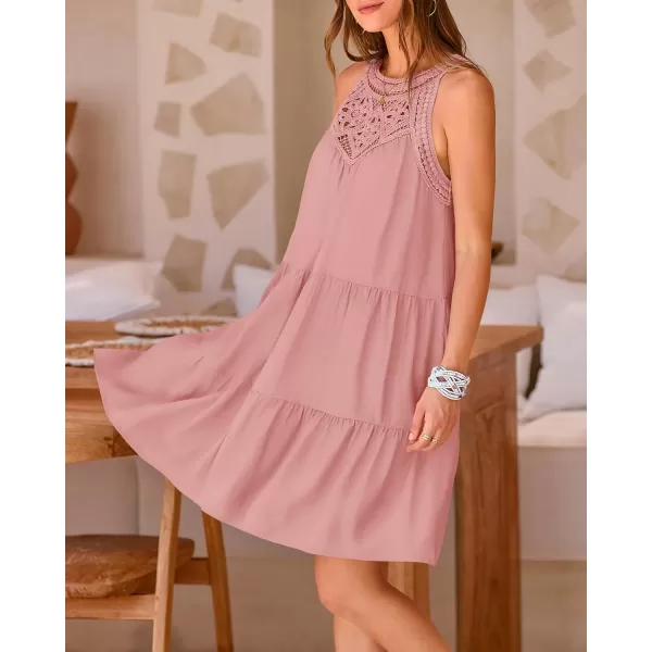 BTFBM Womens Summer Hollow Out Halter Dresses Casual Sleeveless ALine Tiered Swing Sundress Beach Vacation Mini DressSolid Pink
