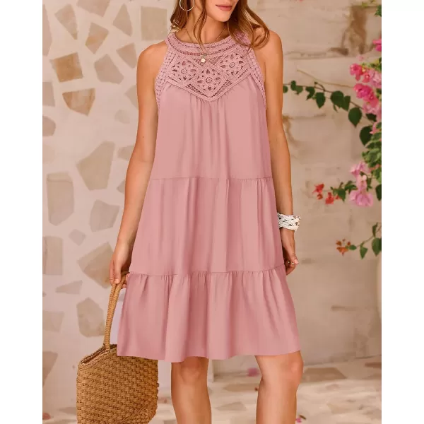 BTFBM Womens Summer Hollow Out Halter Dresses Casual Sleeveless ALine Tiered Swing Sundress Beach Vacation Mini DressSolid Pink