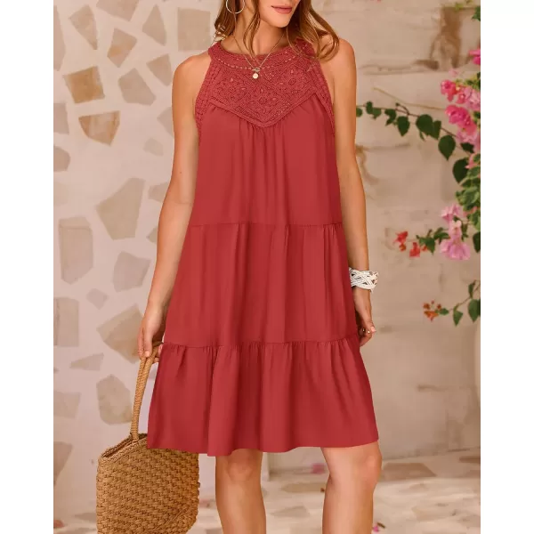 BTFBM Womens Summer Hollow Out Halter Dresses Casual Sleeveless ALine Tiered Swing Sundress Beach Vacation Mini DressSolid Rust Red