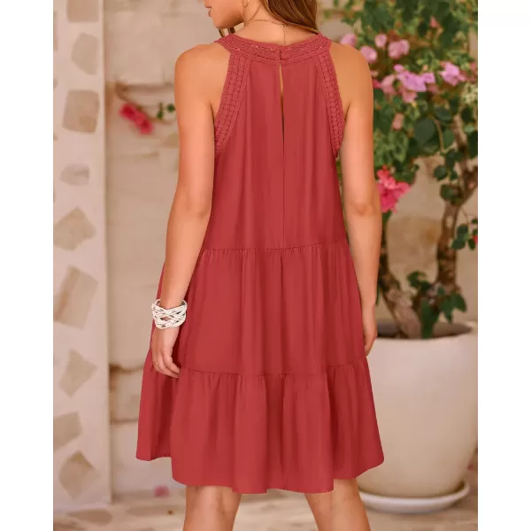BTFBM Womens Summer Hollow Out Halter Dresses Casual Sleeveless ALine Tiered Swing Sundress Beach Vacation Mini DressSolid Rust Red