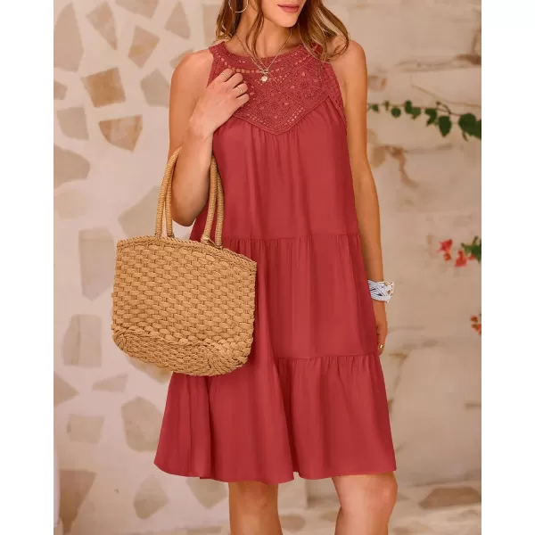 BTFBM Womens Summer Hollow Out Halter Dresses Casual Sleeveless ALine Tiered Swing Sundress Beach Vacation Mini DressSolid Rust Red