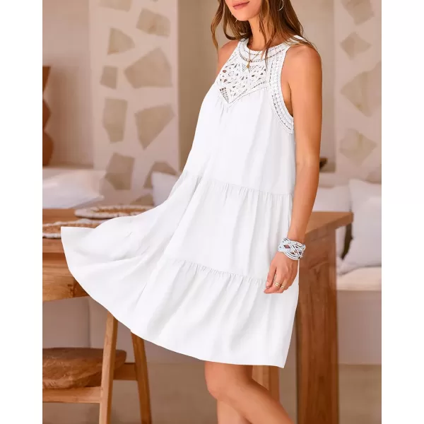 BTFBM Womens Summer Hollow Out Halter Dresses Casual Sleeveless ALine Tiered Swing Sundress Beach Vacation Mini DressSolid White