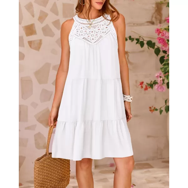 BTFBM Womens Summer Hollow Out Halter Dresses Casual Sleeveless ALine Tiered Swing Sundress Beach Vacation Mini DressSolid White
