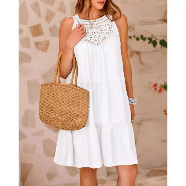 BTFBM Womens Summer Hollow Out Halter Dresses Casual Sleeveless ALine Tiered Swing Sundress Beach Vacation Mini DressSolid White