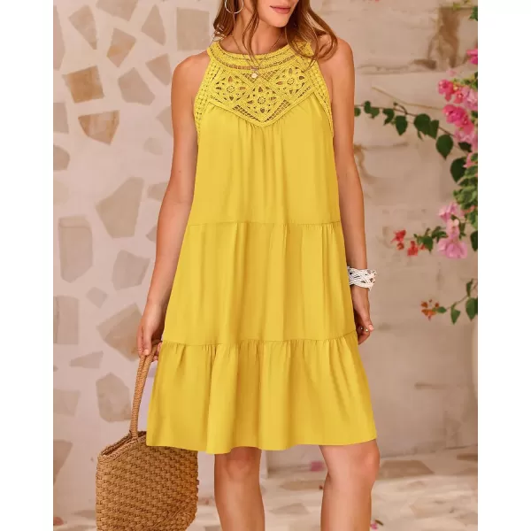 BTFBM Womens Summer Hollow Out Halter Dresses Casual Sleeveless ALine Tiered Swing Sundress Beach Vacation Mini DressSolid Yellow