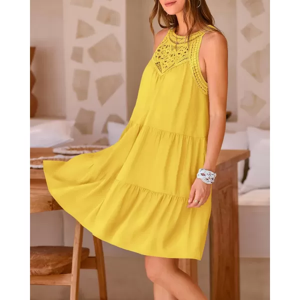 BTFBM Womens Summer Hollow Out Halter Dresses Casual Sleeveless ALine Tiered Swing Sundress Beach Vacation Mini DressSolid Yellow
