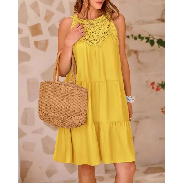 BTFBM Womens Summer Hollow Out Halter Dresses Casual Sleeveless ALine Tiered Swing Sundress Beach Vacation Mini DressSolid Yellow
