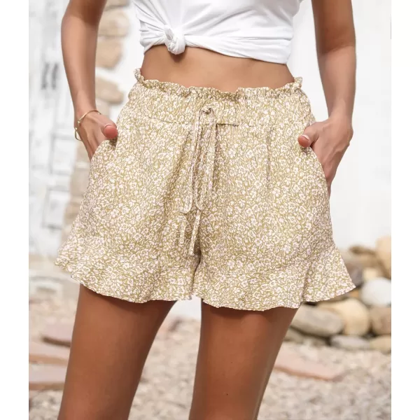 BTFBM Womens Summer Shorts 2024 Floral Elastic High Waisted Belted Casual Beach Ruffle Short Lounge Pants with PocketsFloral Apricot