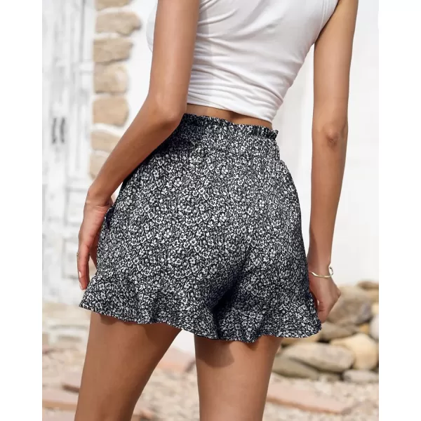 BTFBM Womens Summer Shorts 2024 Floral Elastic High Waisted Belted Casual Beach Ruffle Short Lounge Pants with PocketsFloral Black