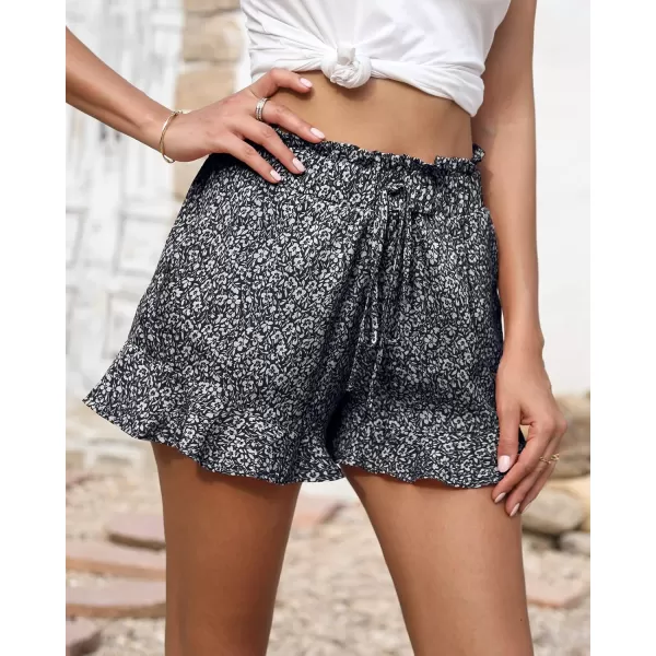 BTFBM Womens Summer Shorts 2024 Floral Elastic High Waisted Belted Casual Beach Ruffle Short Lounge Pants with PocketsFloral Black