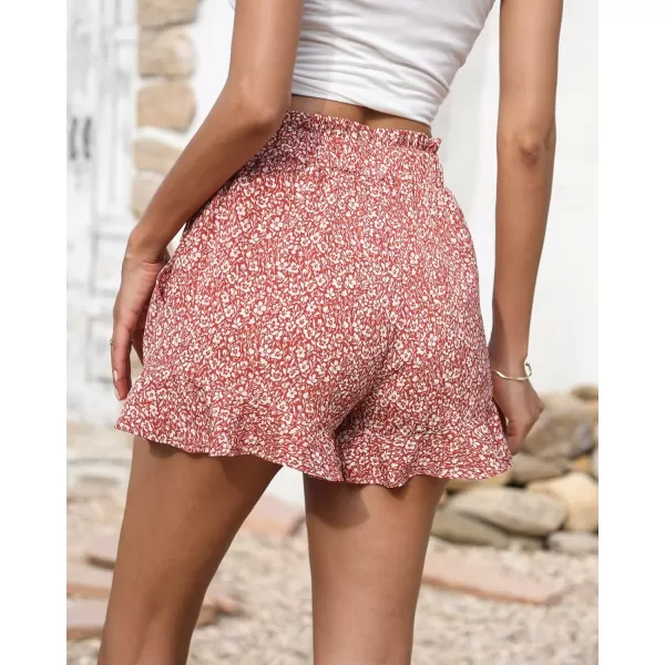 BTFBM Womens Summer Shorts 2024 Floral Elastic High Waisted Belted Casual Beach Ruffle Short Lounge Pants with PocketsFloral Orange Red