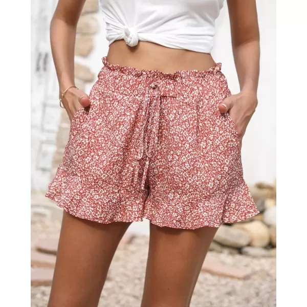 BTFBM Womens Summer Shorts 2024 Floral Elastic High Waisted Belted Casual Beach Ruffle Short Lounge Pants with PocketsFloral Orange Red