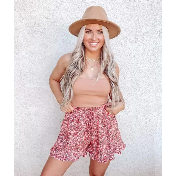 BTFBM Womens Summer Shorts 2024 Floral Elastic High Waisted Belted Casual Beach Ruffle Short Lounge Pants with PocketsFloral Orange Red