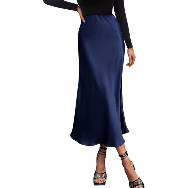 BTFBM 2024 Women Long Satin Summer Spring Skirt Silk Elegant High Waist Cocktail Party Wedding Flared ALine Midi SkirtsSolid Navy