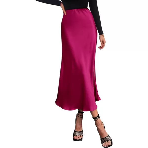 BTFBM 2024 Women Long Satin Summer Spring Skirt Silk Elegant High Waist Cocktail Party Wedding Flared ALine Midi SkirtsSolid Rose Red