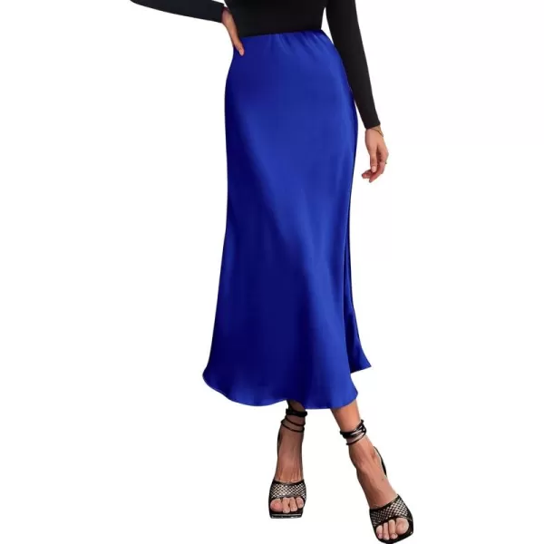BTFBM 2024 Women Long Satin Summer Spring Skirt Silk Elegant High Waist Cocktail Party Wedding Flared ALine Midi SkirtsSolid Royal Blue
