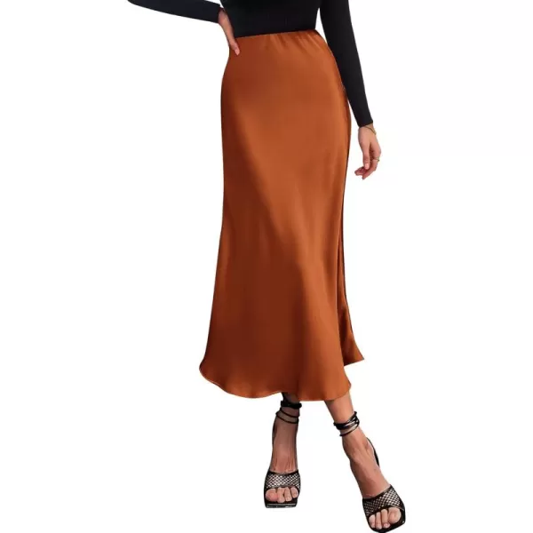 BTFBM 2024 Women Long Satin Summer Spring Skirt Silk Elegant High Waist Cocktail Party Wedding Flared ALine Midi SkirtsSolid Rust Red