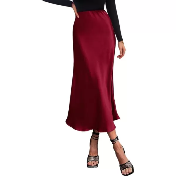 BTFBM 2024 Women Long Satin Summer Spring Skirt Silk Elegant High Waist Cocktail Party Wedding Flared ALine Midi SkirtsSolid Wine Red